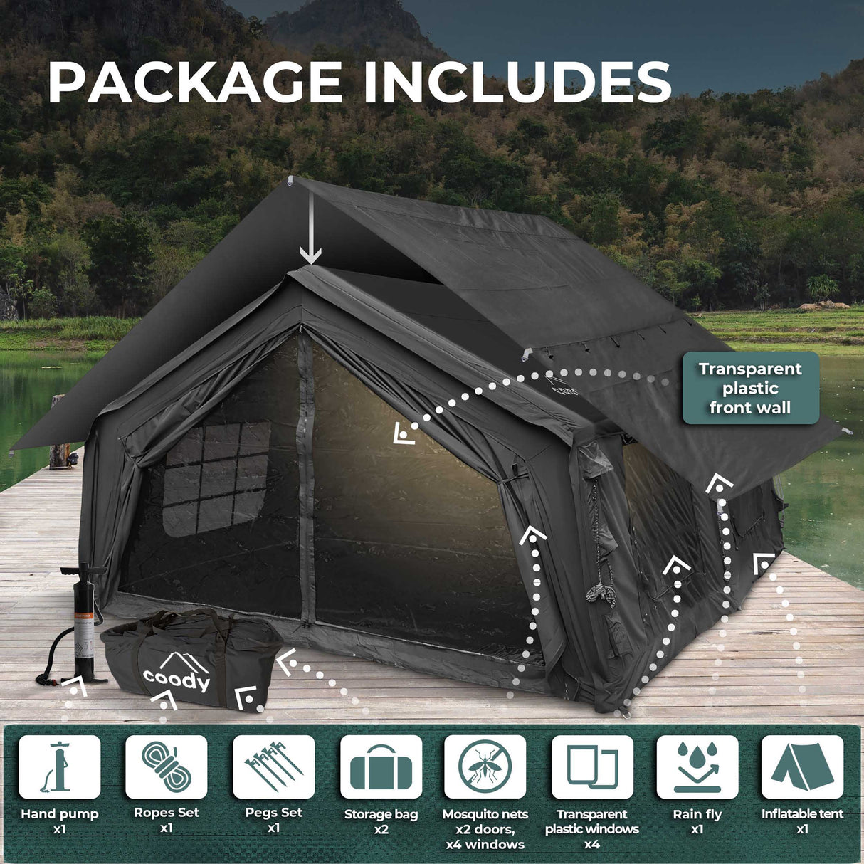 RBM Outdoors Coody 17.2 (Koala 7) Black + Stove Caminus M – Inflatable Tent with Stove