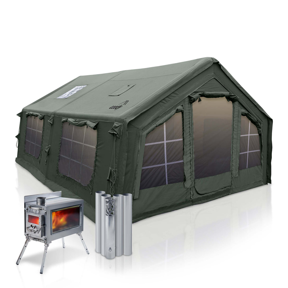 RBM Outdoors Coody 17.2 (Koala 7) Forest Green + Stove Caminus M – Inflatable Tent with Stove