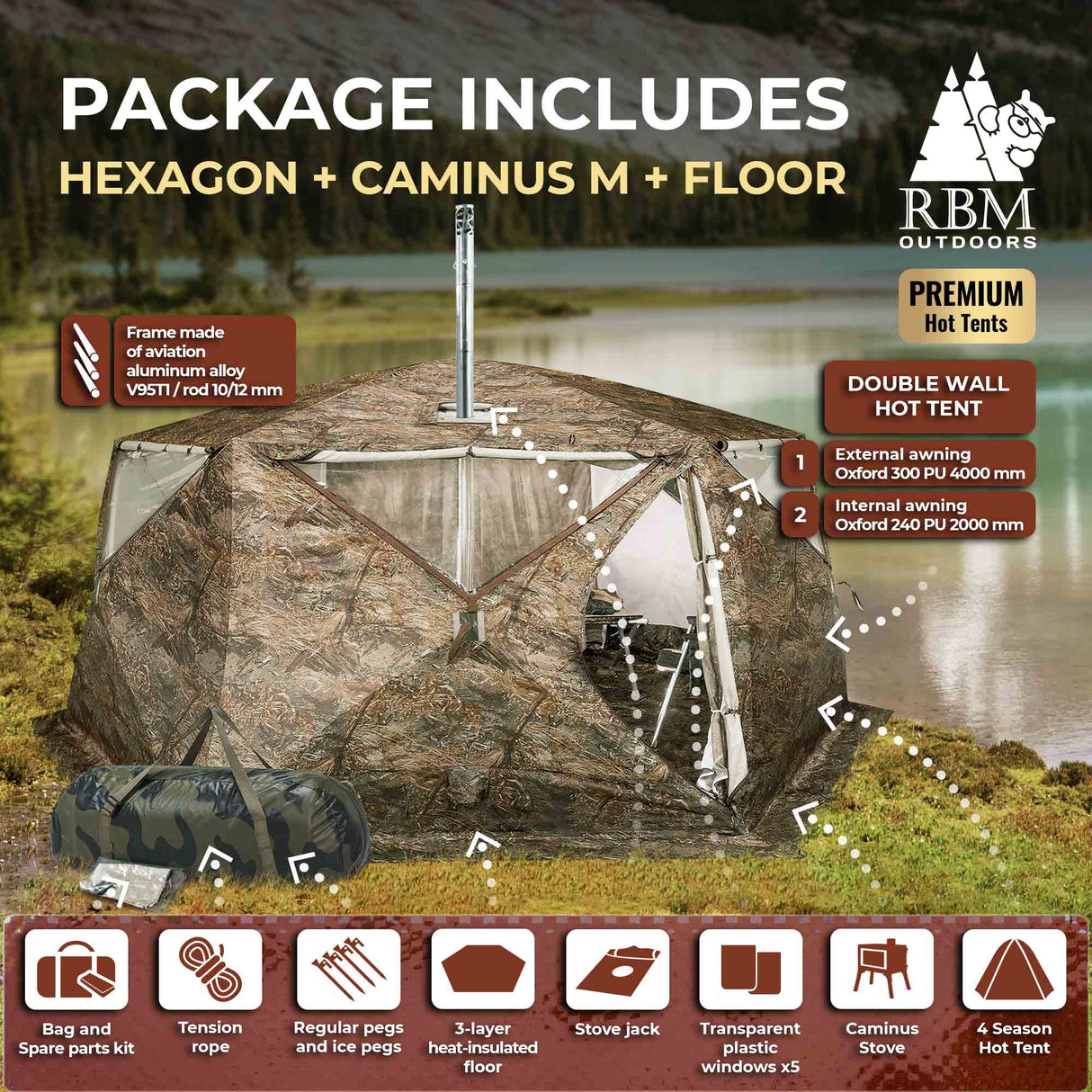 RBM Outdoors All-Seasons Tent Hexagon for 2–9 Person + Wood Stove Caminus M + Three-Layer Floor