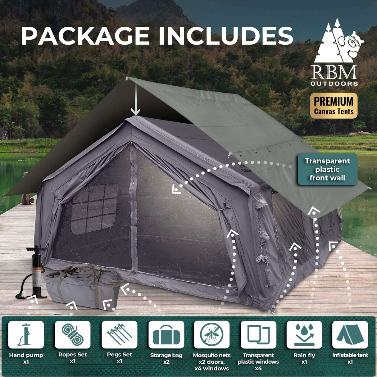 RBM Outdoors Coody 17.2 (Koala 7) Forest Green + Stove Caminus M – Inflatable Tent with Stove