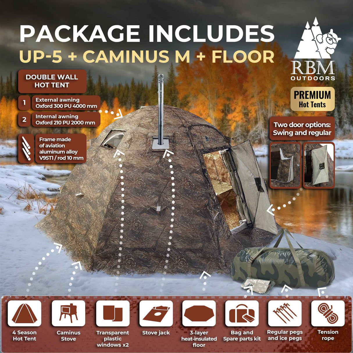 RBM Outdoors All-Seasons Tent UP-5 for 2–6 Person + Wood Stove Caminus M + Three-Layer Floor