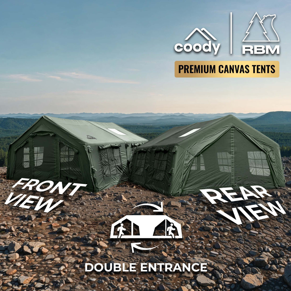 RBM Outdoors Coody 17.2 (Koala 7) Forest Green + Stove Caminus M – Inflatable Tent with Stove