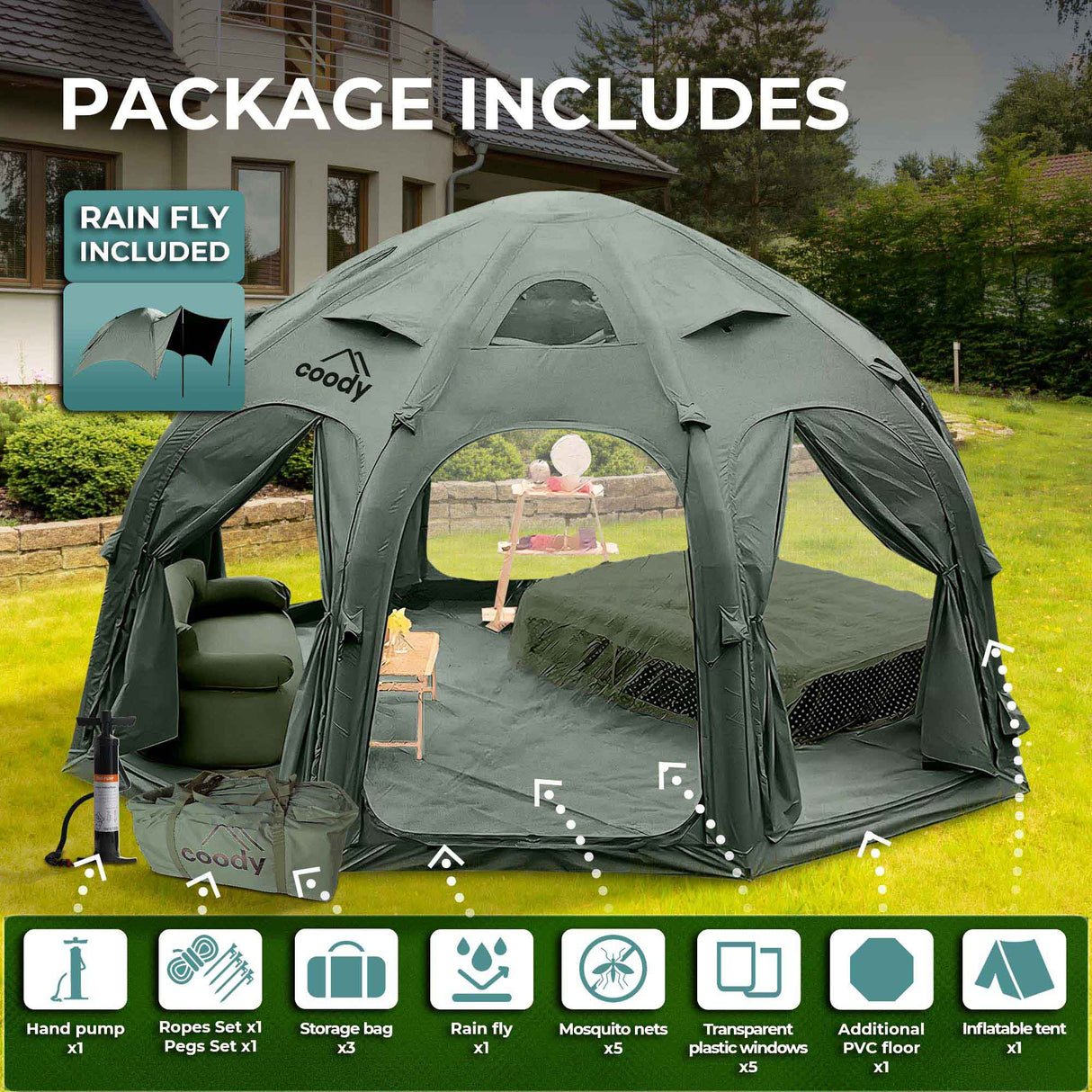 RBM Outdoors Coody Aurora Dome Inflatable Tent Octopus Forest Green (2–4 Person)