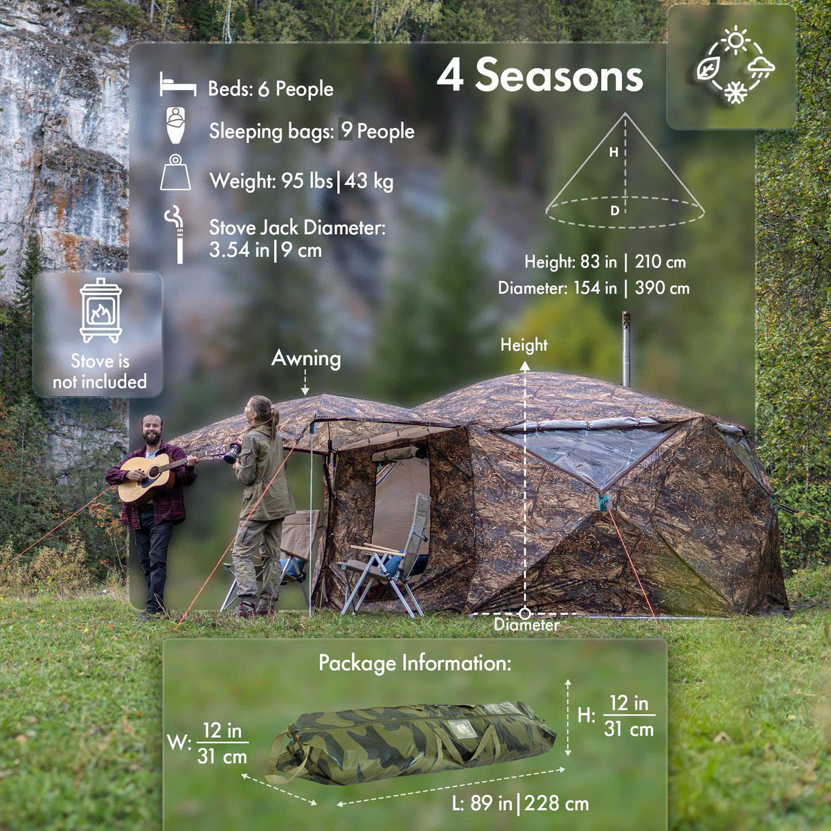 33ft Rbm RBM Outdoors All-Seasons Tent Hexagon for 2–9 Person + Wood Stove Cami ...